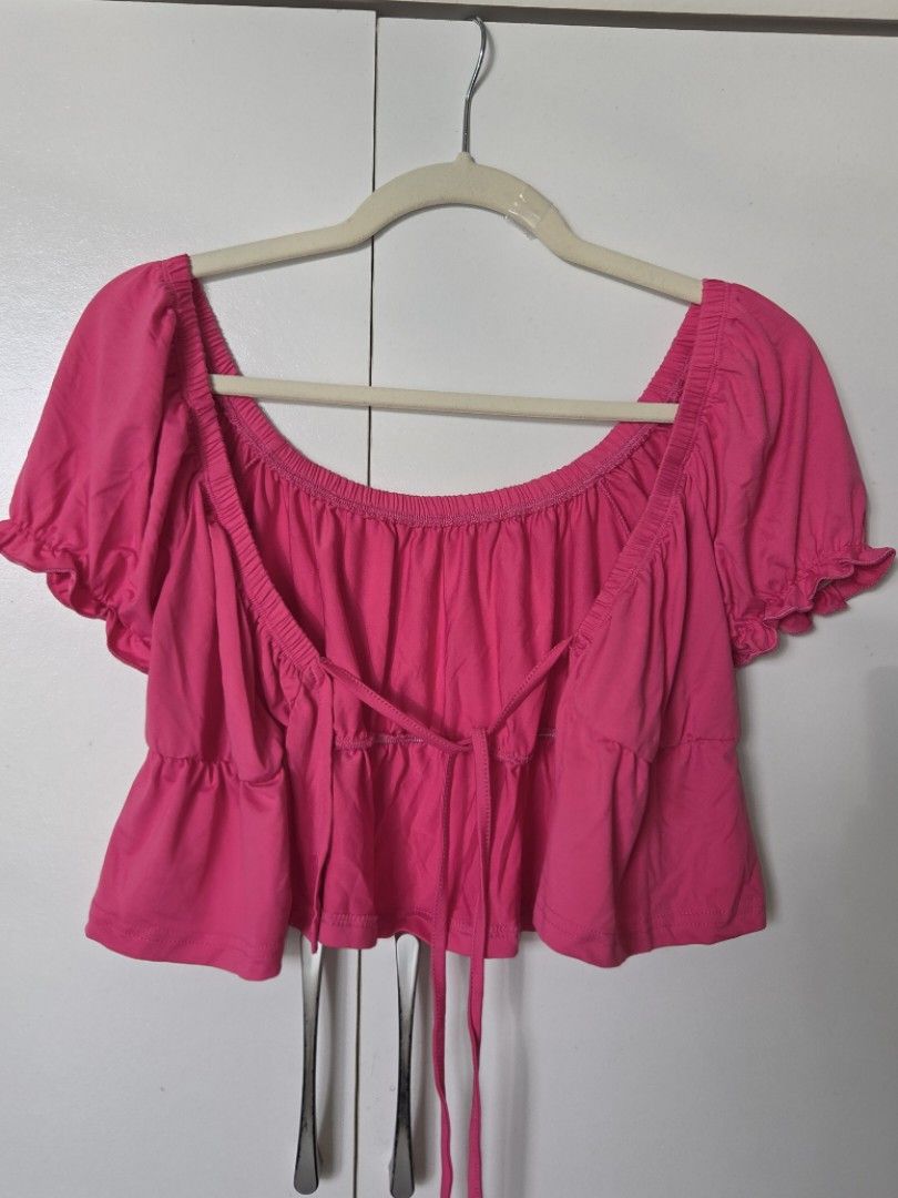 Solid Puffed Sleeve Ruffle Hem Top (Category: Others Tops) located in Agdangan. Submitted by wearitnext.shop (Listing ID 1462126540, Image 2). Description: Hot Pink short-sleeved cropped blouse with a milkmaid/peasant-style silhouette. Original Price: 263.