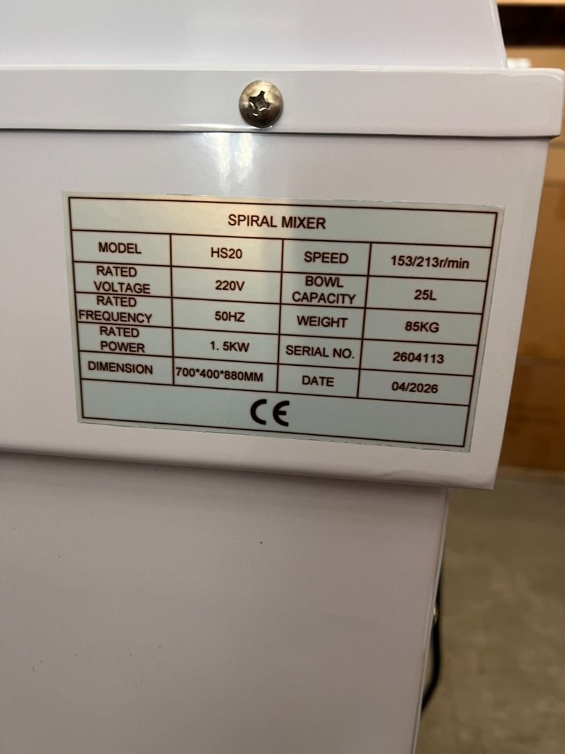 SPIRAL MIXER (MANUAL) (Category: Other Home Appliances) located in Manila. Submitted by khaigeronimo0421 (Listing ID 1462129148, Image 2). Description: SPIRAL DOUGH MIXER (MANUAL) EPA-13-Spiral Dough Mixer 25L (MANUAL) ₱28,990 EPA-14-Spiral Dough Mixer 35L (MANUAL) 31,990 Specifications: Voltage/Frequency: 220V/50Hz Kilowatt: 1.1KW Capacity: 20L KNEAD DOUGH: 8KG ROTATION SPEED INSIDE: 250/140r/min SPEED OUTSIDE: 25/14(r/min) MACHINE WEIGHT: 75KG 
