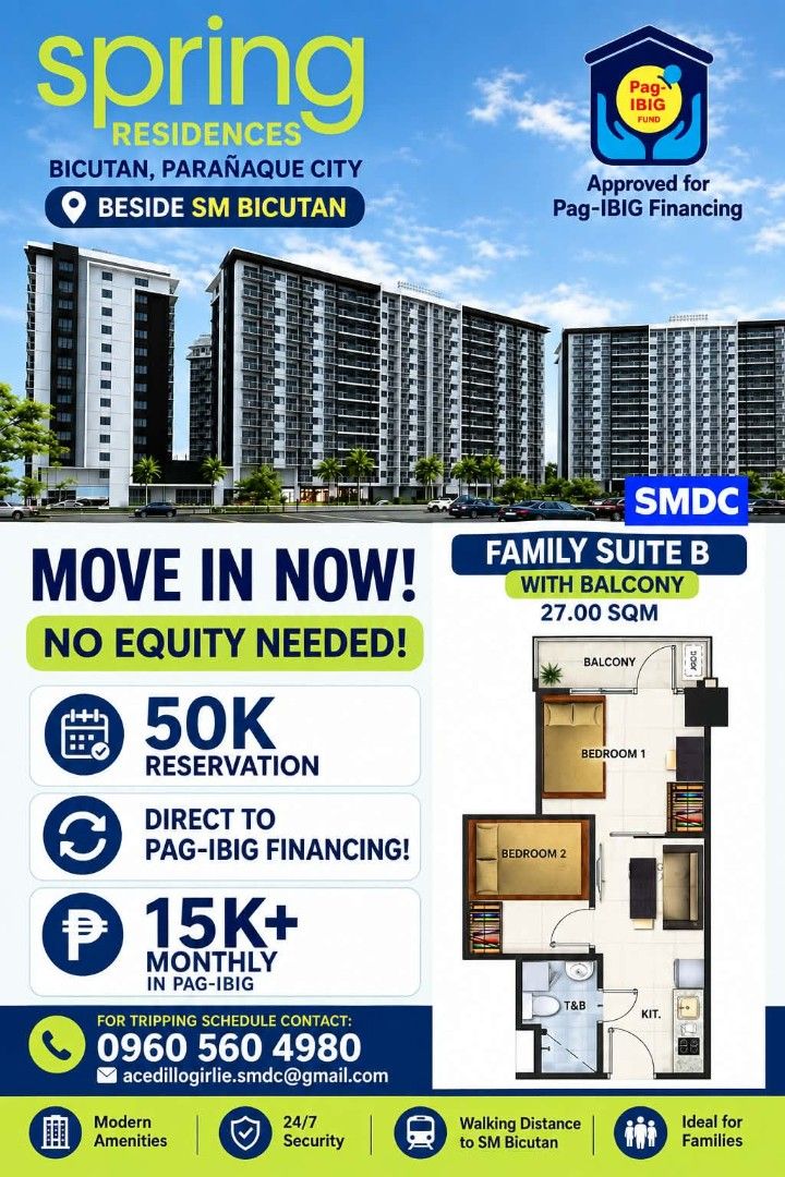 Spring Residences - SM Bicutan Parañaque (Category: Apartments & Condos) located in San Pablo. Submitted by girlie-acedilloarevalo1987 (Listing ID 1462050438, Image 1). Description: 🏡 SPRING RESIDENCES — BICUTAN, PARAÑAQUE CITY 📍 Located beside SM Bicutan 🏢 Ready for Occupancy! ✨ MOVE IN NOW! 💚 NO EQUITY NEEDED 💰 ₱50,000 RESERVATION 🏦 DIRECT TO PAG-IBIG HOUSING LOAN 💵 AS LOW AS ₱15K+ MONTHLY 📅 UP TO 30 YEARS Monthly payment is subject to 