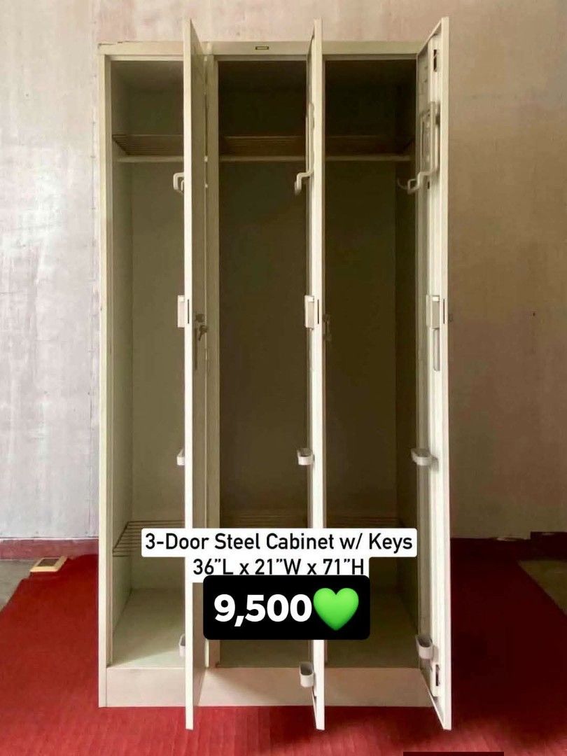 Steel Cabinet (Category: Shelves, Cabinets & Racks) located in Meycauayan. Submitted by marygracecasimiro (Listing ID 1462123729, Image 2). Description: Available Steel Cabinet 3-door with keys.