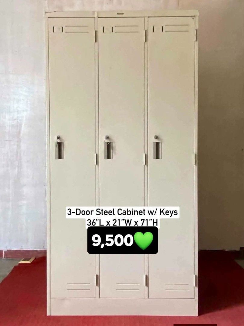Steel Cabinet (Category: Shelves, Cabinets & Racks) located in Meycauayan. Submitted by marygracecasimiro (Listing ID 1462123729, Image 1). Description: Available Steel Cabinet 3-door with keys.