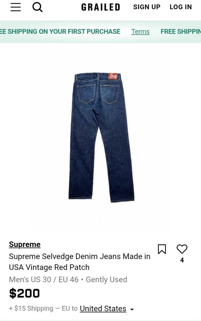 Supreme Selvedge Jeans (Category: Jeans) located in Milaor. Submitted by lootinout (Listing ID 1462130057, Image 2). Description: Supreme Selvedge Jeans ✅Size: 34 ✅Length: 41.5 ✅Hem: 7.5 ✅Color Rate: 9.5/10 ✅No Issue ✅Need Wash ✅Location: Bicol Naga City, Camarines Sur ✅Courier: J&T Express/Flash Express ✅MOP: Gcash only.