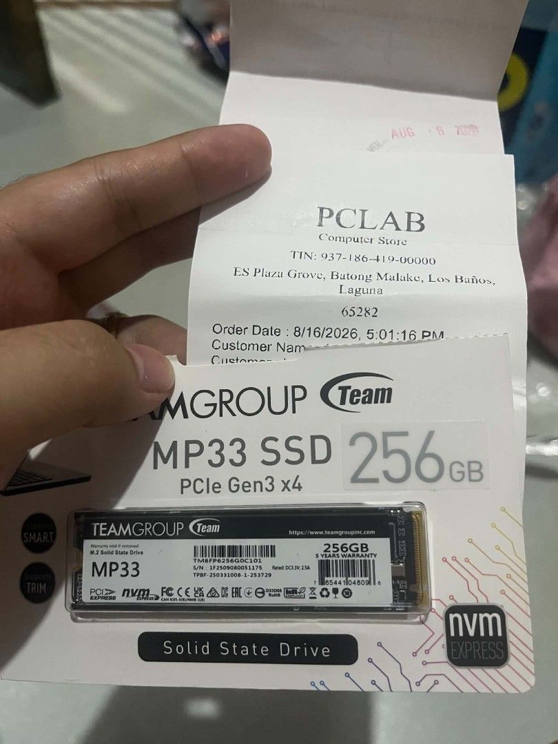 TEAMGROUP MP33 256GB NVMe SSD (Category: Computer Parts) located in Los Banos. Submitted by riozoe24 (Listing ID 1462072010, Image 1). Description: 💻 FOR SALE: TEAMGROUP MP33 256GB NVMe SSD ₱3,300 only! 📌 Brand/Model: TeamGroup MP33 📌 Capacity: 256GB 📌 Interface: PCIe Gen3 x4 NVMe 📌 Condition: Used / Working perfectly 📌 Original Price: ₱3,650 📌 Bought: August 16, 2026 🧾 With receipt/proof of purchase 📍 Location: Los Baños, Laguna Reason 