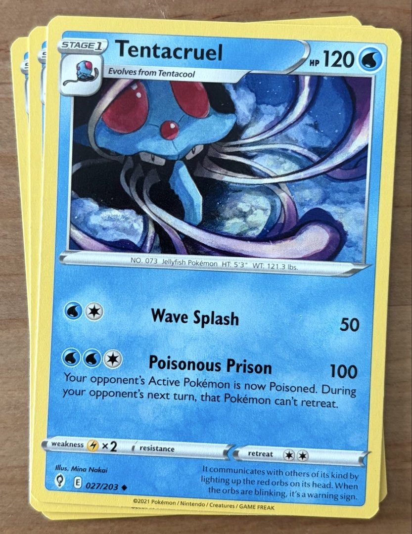 Tentacruel | Pokemon Cards ~ Evolving Skies (Category: Raw Singles) located in Makati City. Submitted by cardlab (Listing ID 1462258251, Image 1). Description: Items are 💯 authentic/original/legit. About The Card: •Language: EN • Number: 027/203 • Uncommon • Normal FOR: • Cards ₱99 and below with Card Sleeves • Cards ₱100 and up with Card Sleeves and Used Toploader • ₱10 for Bnew Tops Packaging (If Shipping): ✔️ Plastic cover ✔️ Cardboard ✔️ Bub