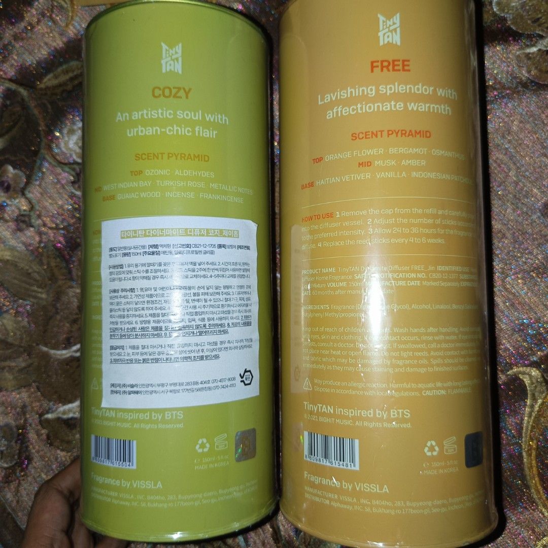 TinyTAN Dynamite Perfume Diffuser (Jin & J-Hope) (Category: Fragrance & Deodorants) located in Manila. Submitted by cypherchepark (Listing ID 1462234439, Image 2). Description: FROM 2,000.00 each SALE to 1,800.00 each but if mine both,, 3,200.00 both 💜 - Authentic TinyTAN Dynamite Perfume Diffusers - Available scents: Jin ('Free') and J-Hope ('Cozy') - Jin's 'Free' scent notes: Orange Blossom, Bergamot, Osmanthus, Musk, Amber, Haitian Vetiver, V