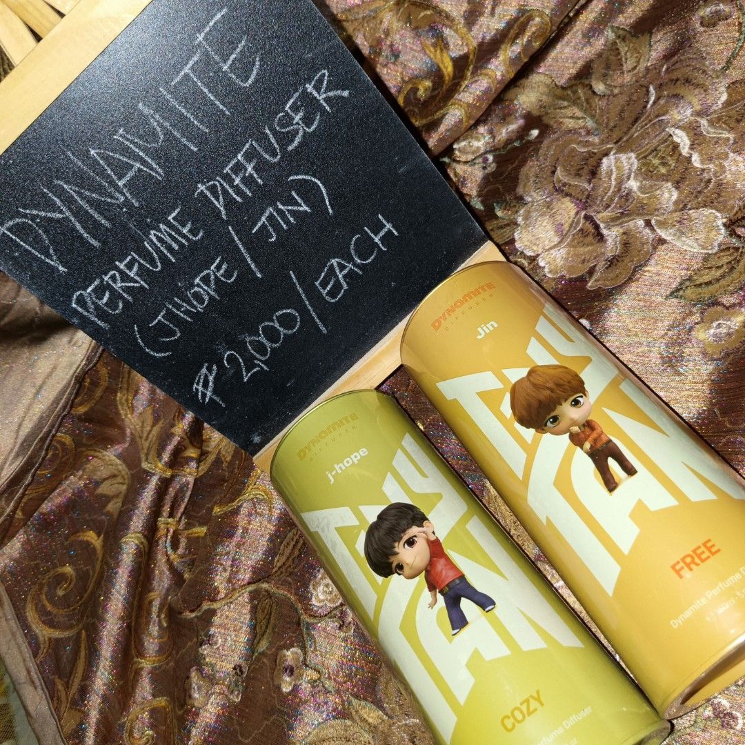 TinyTAN Dynamite Perfume Diffuser (Jin & J-Hope) (Category: Fragrance & Deodorants) located in Manila. Submitted by cypherchepark (Listing ID 1462234439, Image 1). Description: FROM 2,000.00 each SALE to 1,800.00 each but if mine both,, 3,200.00 both 💜 - Authentic TinyTAN Dynamite Perfume Diffusers - Available scents: Jin ('Free') and J-Hope ('Cozy') - Jin's 'Free' scent notes: Orange Blossom, Bergamot, Osmanthus, Musk, Amber, Haitian Vetiver, V