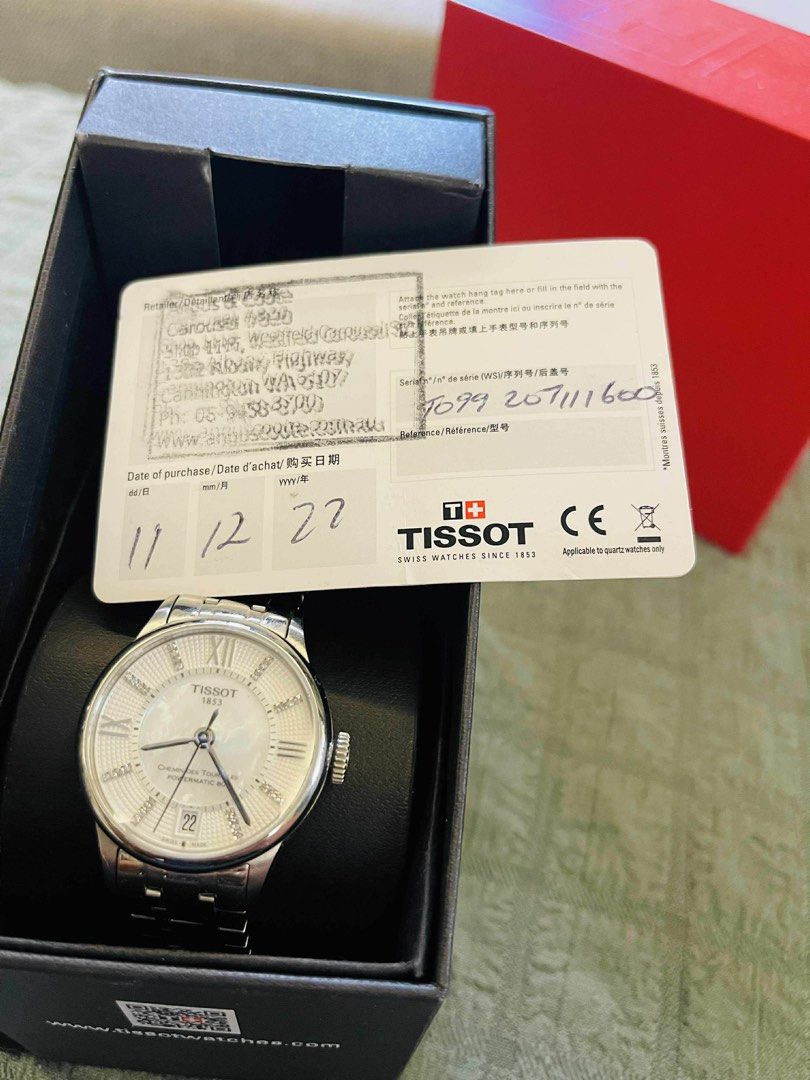 Tissot Automatic Powermatic 80 Watch (Category: Luxury Watches) located in Manila. Submitted by kathween_199x (Listing ID 1462170493, Image 2). Description: Watch Details & Specs: Model: Tissot Chemin des Tourelles Powermatic 80 (Ref. T099.207.11.116.00) Condition: 10/10 Unworn / Store Fresh (No scratches, unsized bracelet — full links intact) Dial: Genuine Mother of Pearl (MOP) face studded with 32 real Diamonds Movement: Swiss Automatic Powerma