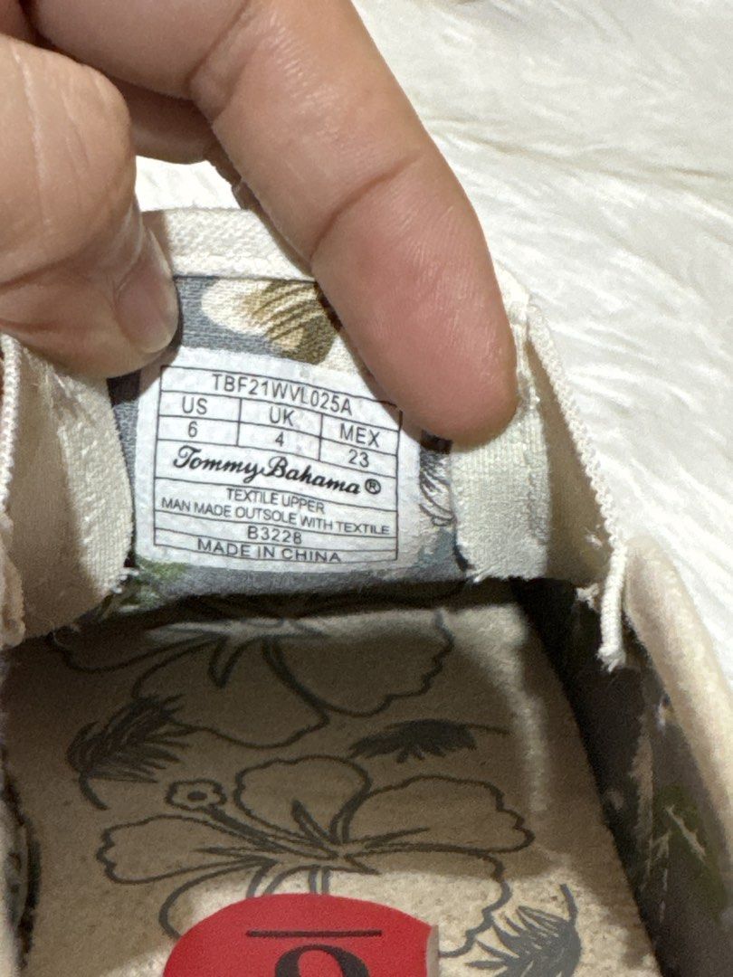 Tommy Bahama Textile Upper Shoes - US 6 (Category: Sneakers) located in Manila. Submitted by sariestore (Listing ID 1462071098, Image 1). Description: - RFS: Decluttering -Brand: Tommy Bahama - Style: Casual Shoes - Material: Textile upper, man-made outsole - Design: Features a vibrant floral pattern on the insole - Origin: Made in China - Size: US 6 (UK 4, MEX 23) -Brand new, just needs cleaning due to storage. There are a few smudges and some d