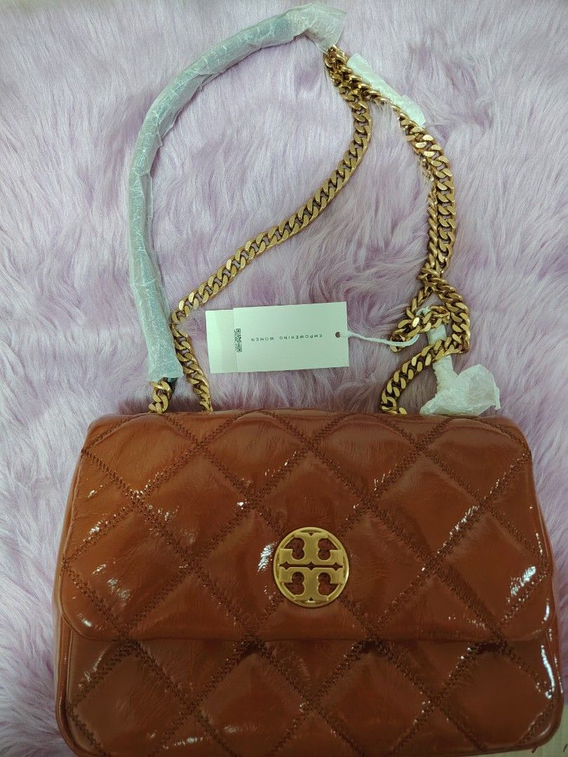 Tory Burch willa Convertible Shoulder Bag (Category: Luxury Bags & Wallets) located in Valenzuela. Submitted by glitter_preloved (Listing ID 1462124062, Image 1). Description: - Brand New, Never Used Tory Burch Kira Bag - Luxurious Brown Patent Leather - Elegant Quilted Chevron Pattern - Chic Gold Chain Strap - Interior Zip Pocket - Comes with Original Dust Bag - Includes Authenticity Card - Recently Purchased.