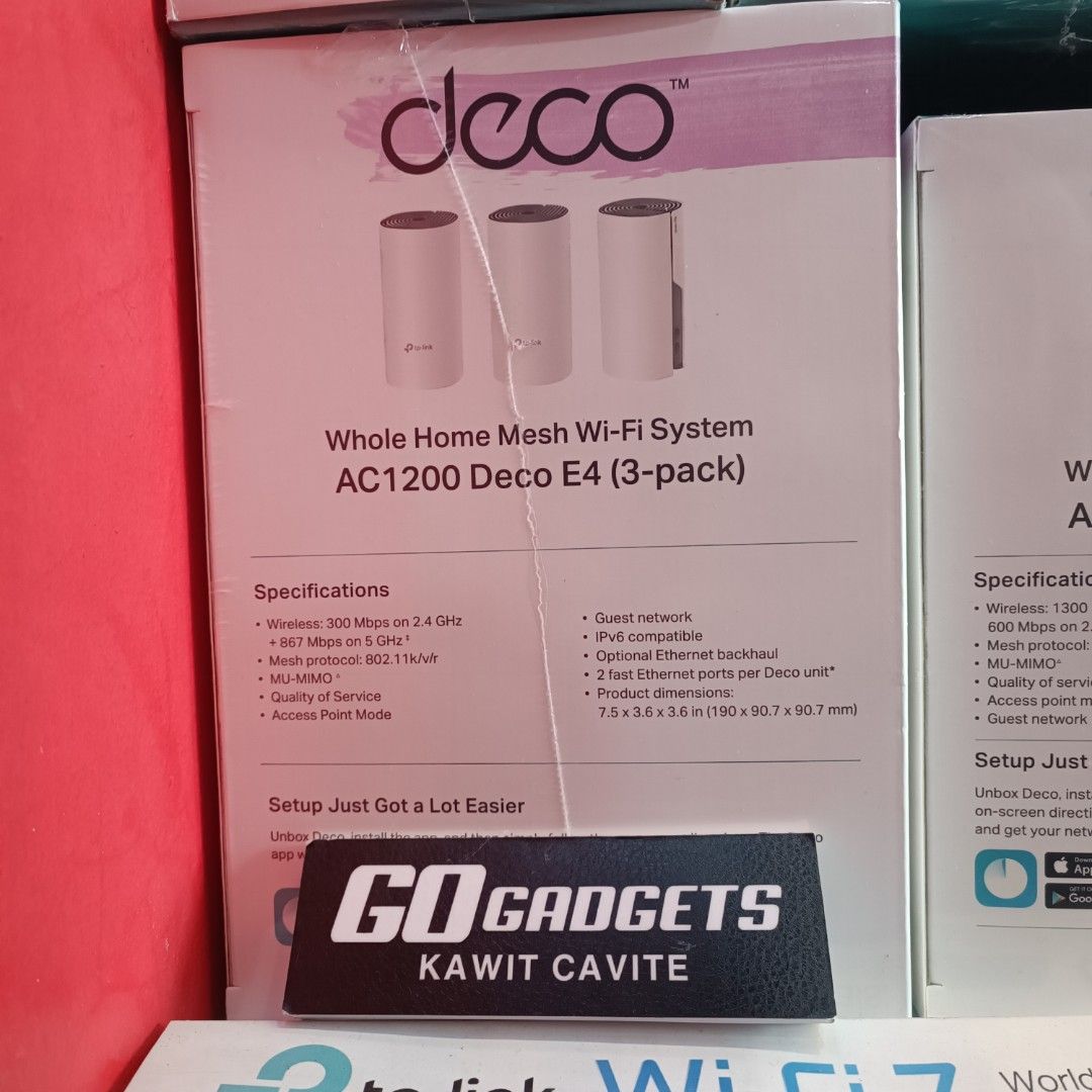 TP-Link AC1200 Deco E4 Whole Home Mesh Wi-Fi System (3-pack) (Category: Networking) located in Caloocan City. Submitted by kentsalvador31 (Listing ID 1462115614, Image 1). Description: - TP-Link AC1200 Deco E4 Mesh Wi-Fi System (3-Pack) - Covers your entire home with strong, reliable Wi-Fi - Wireless speeds: 300 Mbps (2.4 GHz) + 867 Mbps (5 GHz) - Supports IPv6 for future-proofing your network - Optional Ethernet backhaul for even more stable con