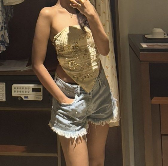 Triangle top - backless - with sequins - cream/beige/yellowish (Category: Sleeveless) located in Manila. Submitted by khyscloset (Listing ID 1462193499, Image 2). Description: Fits XS-S.