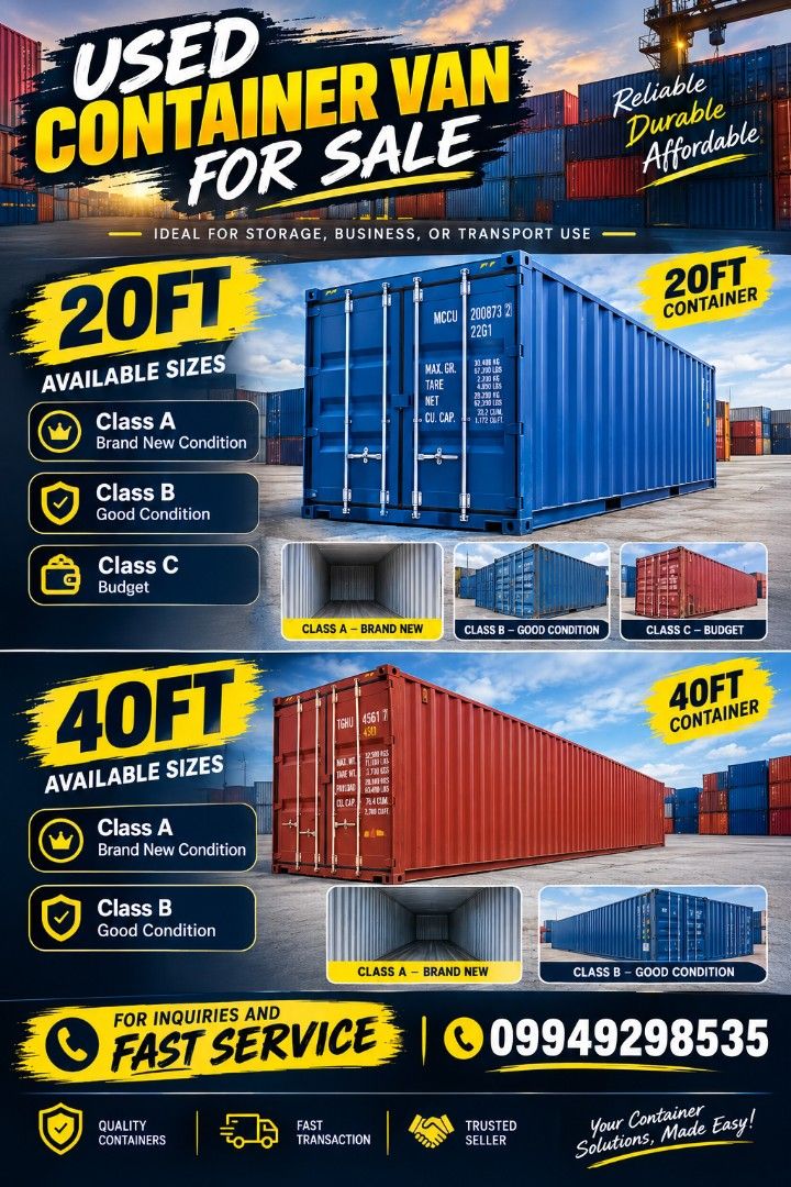 Used Container Van for Sale - 20ft & 40ft Available (Category: Construction & Building Materials) located in Manila. Submitted by brianbacsal06 (Listing ID 1462078699, Image 1). Description: Used container van for sale Available sizes 20ft Class A brand new condition Class B Good Condition Class C Budget 40ft Class A brand new Condition Class B Good condition .