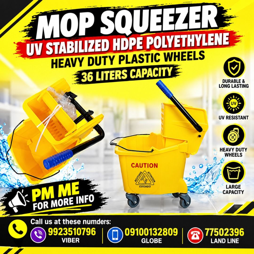 UV Stabilized HDPE Mop Squeezer Bucket with Wheels - 36L (Category: Looking For) located in Caloocan City. Submitted by trzl_liza14 (Listing ID 1462092788, Image 1). Description: ✅ Guaranteed lowest price ✅ Quality products ✅ Big discount for bulk orders ✅ 100% LEGIT TRUSTED SUPPLIER! ✅ With Complete Legal Documents ✅ BIR Registered We Supply All Kinds Of PPE Supplies, Raincoat, Hard Hat, Cooler Box, Plastic Trash Bin, Road Barriers, Kayak Boats,