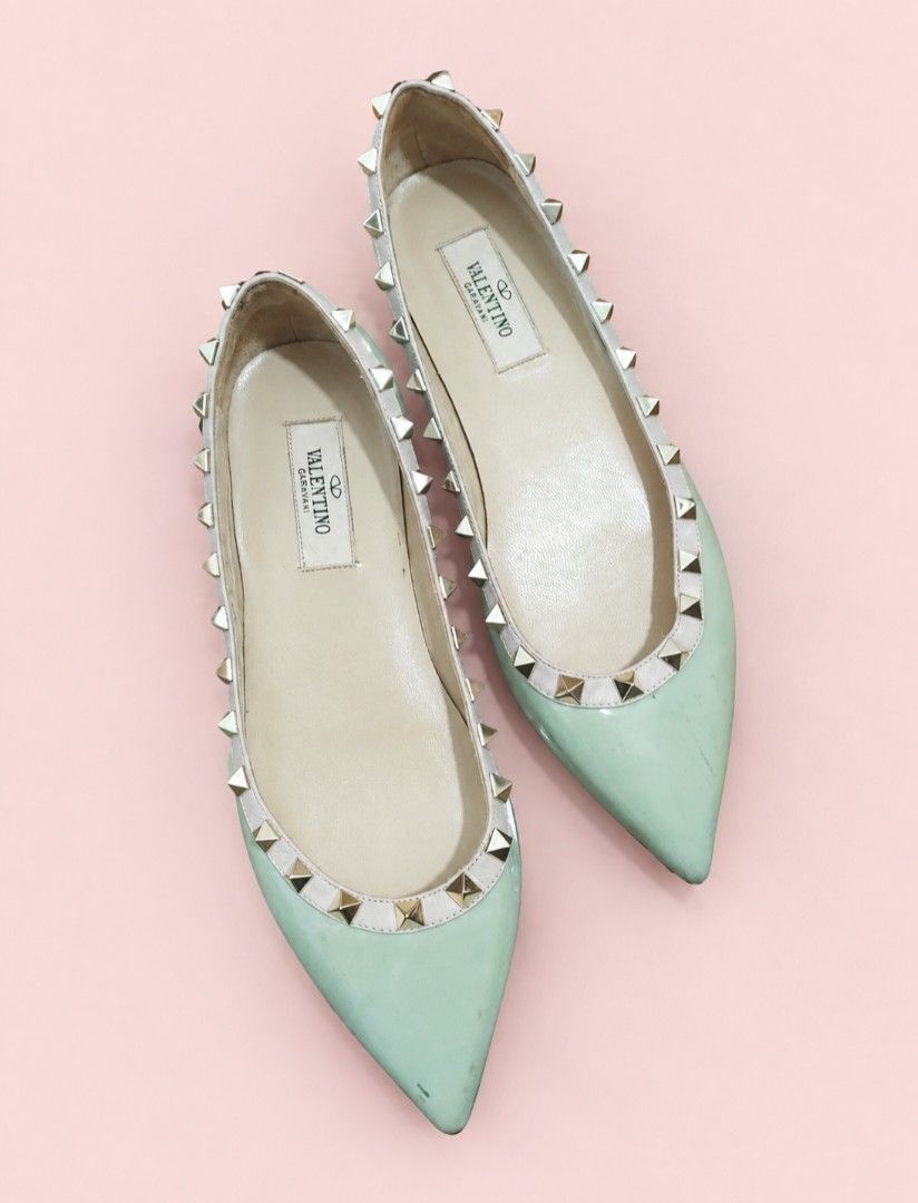 Valentino Garavani Rockstud Flats (Category: Sneakers & Footwear) located in Dasmarinas. Submitted by pitato.corner_2621 (Listing ID 1460335318, Image 1). Description: - Brand: Valentino Garavani - Style: Rockstud Flats - Color: Light Mint Green Patent Leather - Accents: Nude Trim, Gold Studs - Toe Style: Pointed - Closure: Slip-on - Versatility: Dress up or down.