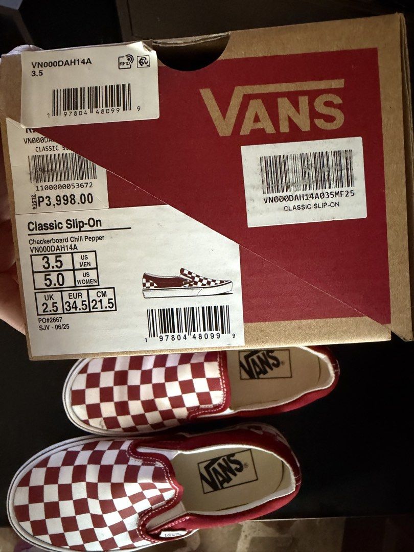 Vans Classic Slip-On Checkerboard Chill Pepper Red White (Category: Sneakers) located in Pasig City. Submitted by noodleshit (Listing ID 1462065227, Image 3). Description: - Original Classic Vans slip-on shoes - Iconic red and white checkerboard pattern - Price:1800 - Size: US Men's 3.5 / US Women's 5 - Includes original box -for lalamove only -Dm for inquiries .