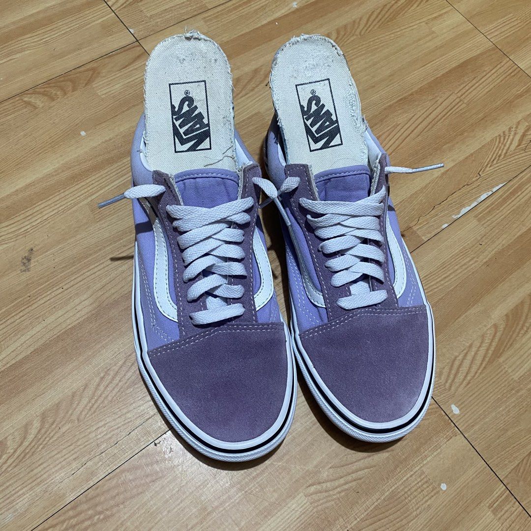 Vans OS Lavender Shoes (Category: Sneakers) located in Manila. Submitted by killthismane (Listing ID 1462113017, Image 1). Description: It features a customized backless mule design with white laces and a signature sidestripe. Size 6.5 US 38.5 EURO.