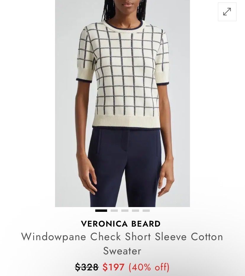 Veronica Beard Windowpane Check Short Sleeve Cotton Sweater (Category: Longsleeves) located in Trece Martires City. Submitted by reloveandrestyle (Listing ID 1462074757, Image 1). Description: -Cut tag ( OG Price: 197 USD) - Veronica Beard short sleeve sweater - Color: Cream with navy windowpane check pattern - Features: Crew neck with navy trim, short sleeves with navy cuffs - Material: 100% Cotton - Versatile: Great for layering or wearing on i
