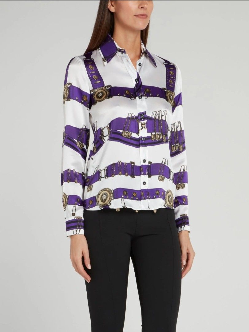 Versus Versace Silk Print Button-Up Shirt (Category: Luxury Apparel) located in Barotac Nuevo. Submitted by gray101 (Listing ID 1462166198, Image 1). Description: - Brand: Versus Versace - Material: 100% Silk - Design: Bold purple and white belt print with iconic Medusa head motif - Style: Long sleeves, button-up front - Origin: Made in Italy - Size: 36 - Condition: Great statement piece.