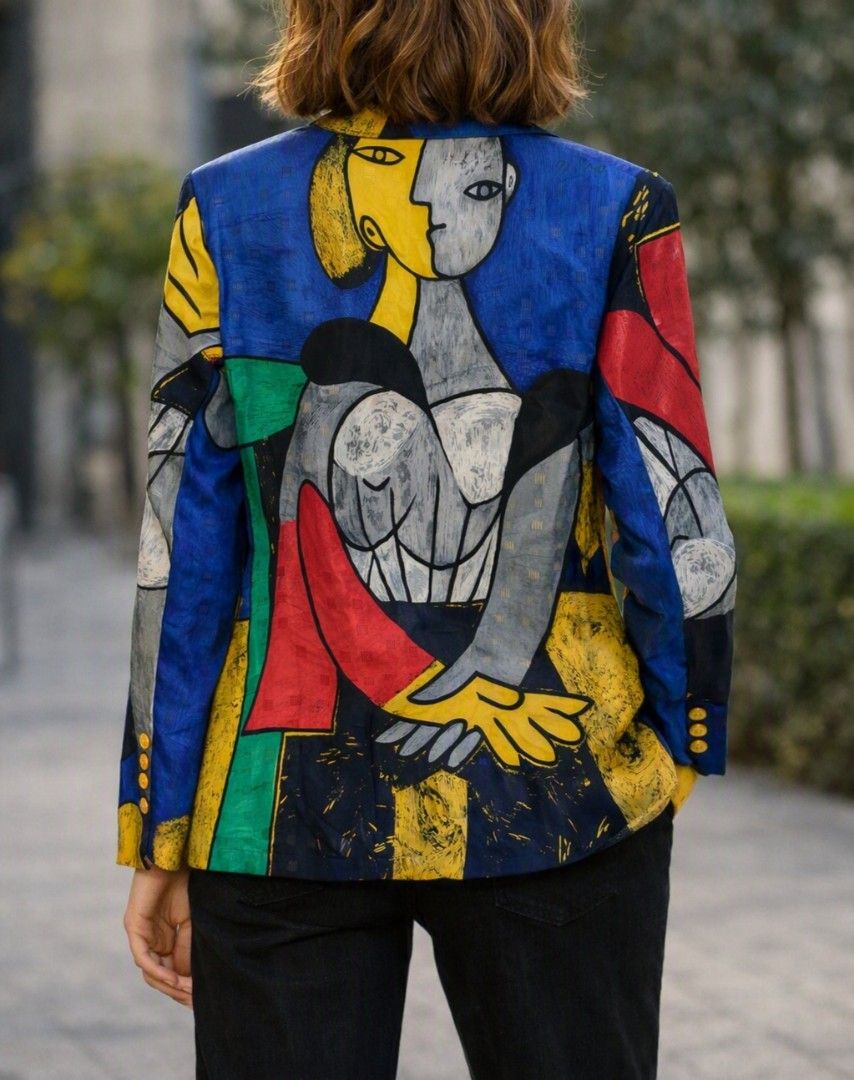 Vintage Picasso "Muses" Art Blazer (Category: Coats, Jackets and Outerwear) located in Baguio. Submitted by luxeloom099 (Listing ID 1462255921, Image 2). Description: Vintage Picasso "Muses" Art Blazer Make a bold statement with this iconic piece of 1990s wearable art. This vibrant, satin-finish blazer features an all-over cubist print inspired by Picasso’s muses, set against rich royal blue and primary geometric blocks. Perfect for collectors an