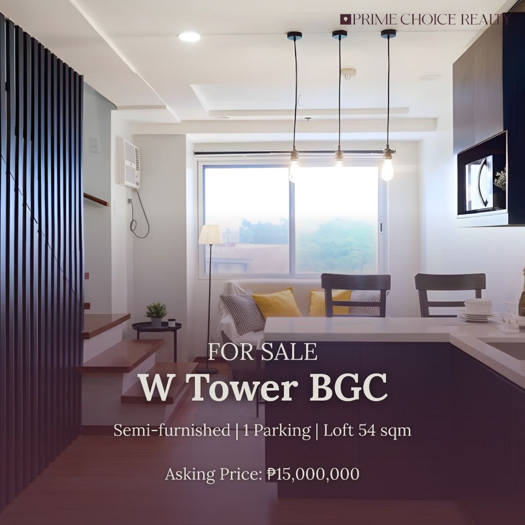W Tower BGC (Category: Apartments & Condos) located in Quezon City. Submitted by primechoicerealtyinc (Listing ID 1462114705, Image 1). Description: FOR SALE: W Tower BGC W Tower, 39th Street, BGC Unit Details: • Loft Unit • 54 sqm • Semi-furnished • Pets allowed • 1 Parking slot Asking Price: ₱15,000,000 Contact us for more details and to schedule a viewing: +63917 162 8618.