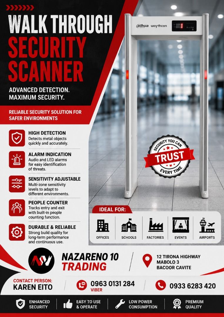 Walk Through Security Scanner (Category: Looking For) located in Bacoor. Submitted by kajezame.2021 (Listing ID 1462080996, Image 1). Description: Walk Through Security Scanner For More Details and Discount Contact Ms. Karen NAZARENO 10 TRADING 0963 0131 284 0933 6283 420 0956 7028 557 0933 8559 510 Landline: Look for Ms. Karen (046 ) 416 3920 Also available: • Traffic cone • Parking Block stopper • Hooded trash bin • Road Plastic Barrier • Spill