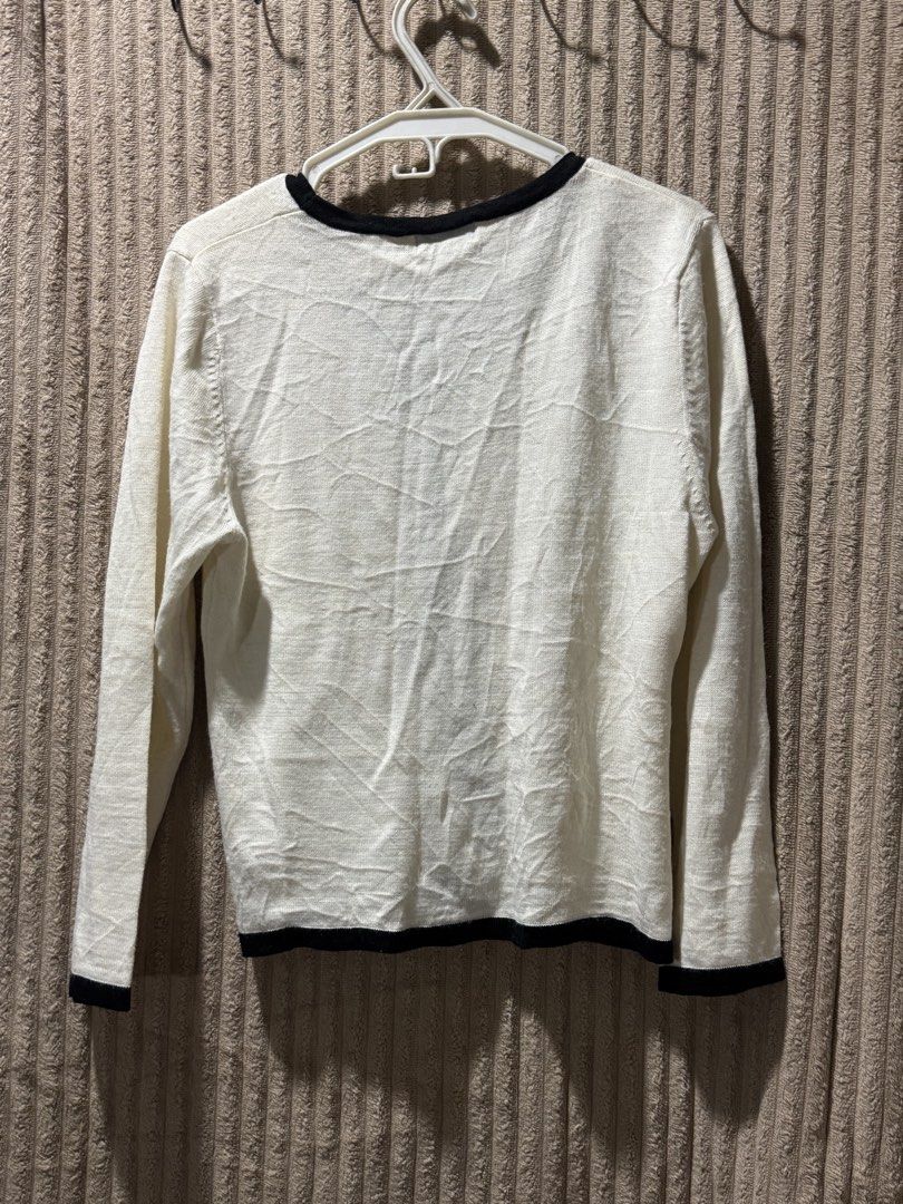 White & Black Trim Cardigan (Category: Undergarments & Loungewear) located in Pasay City. Submitted by christinetek (Listing ID 1462118107, Image 2). Description: - Classic white cardigan - Black trim detail - Lightweight knit material.