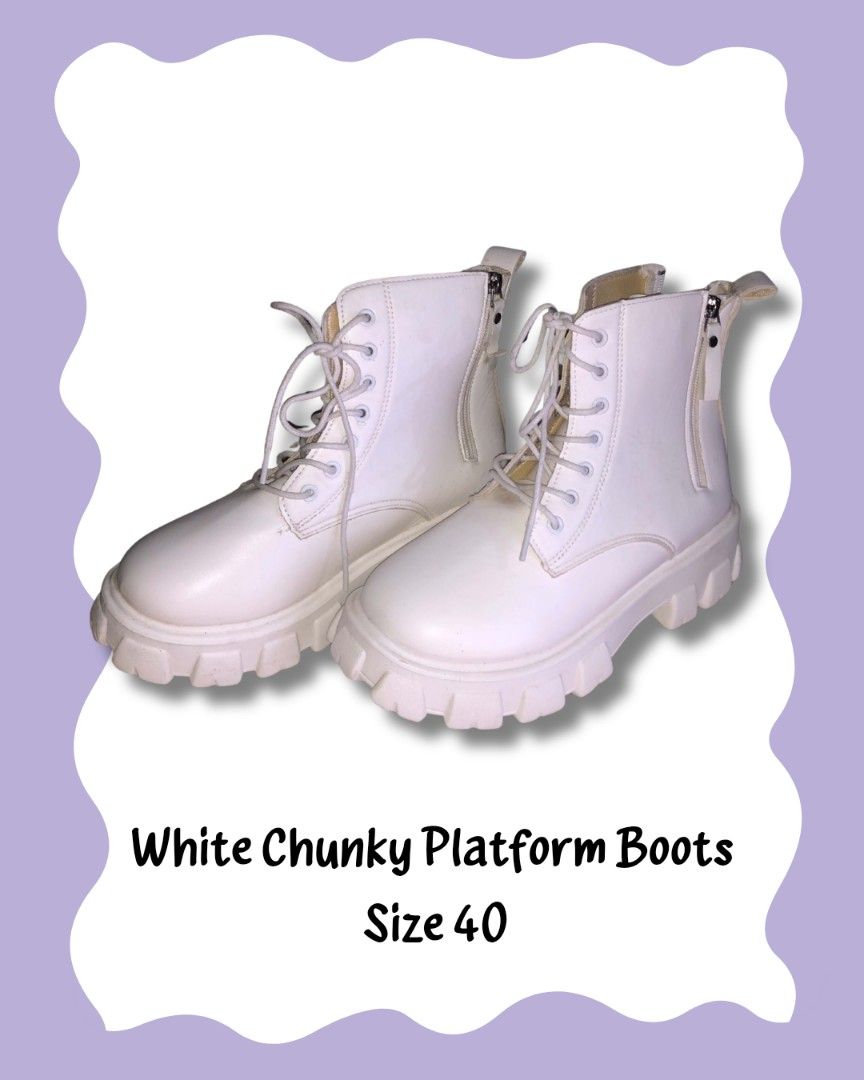 White Chunky Platform Boots – Size 40 (Category: Boots) located in Abucay. Submitted by aeriselle.aes (Listing ID 1462126611, Image 1). Description: White Chunky Platform Boots – Size 40 Color: White Size: EU 40 Style: Chunky platform boots Good condition Stylish and easy to pair with different outfits Perfect for casual, streetwear, or Y2K looks Selling because I rarely use them. Feel free to message me for more details or photos..