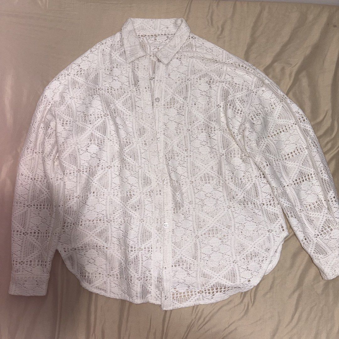 White Crochet Button-Up Shirt (Category: Tshirts & Polo Shirts ) located in Legazpi City. Submitted by panganibancy (Listing ID 1462131147, Image 2). Description: - White crochet button-up shirt - Long sleeves - Collared neckline - Airy and light material - Versatile: wear over a tank top or as a beach cover-up - Ideal for sunny days and vacation vibes WxH: 22x26.