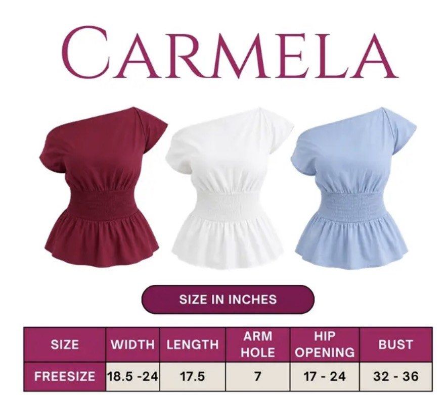 White Off Shoulder Smocked Peplum Top (Category: Blouses) located in Manila. Submitted by soph_lim23 (Listing ID 1462144421, Image 2). Description: - Cute off-shoulder top from Carmela - Smocked waist with a flattering peplum hem. - Condition: only wore once for fitting. - Versatile: pairs well with jeans or skirts - Color: White - Size: M-L (Measurements available in the last photo.) rfs: not my size. .