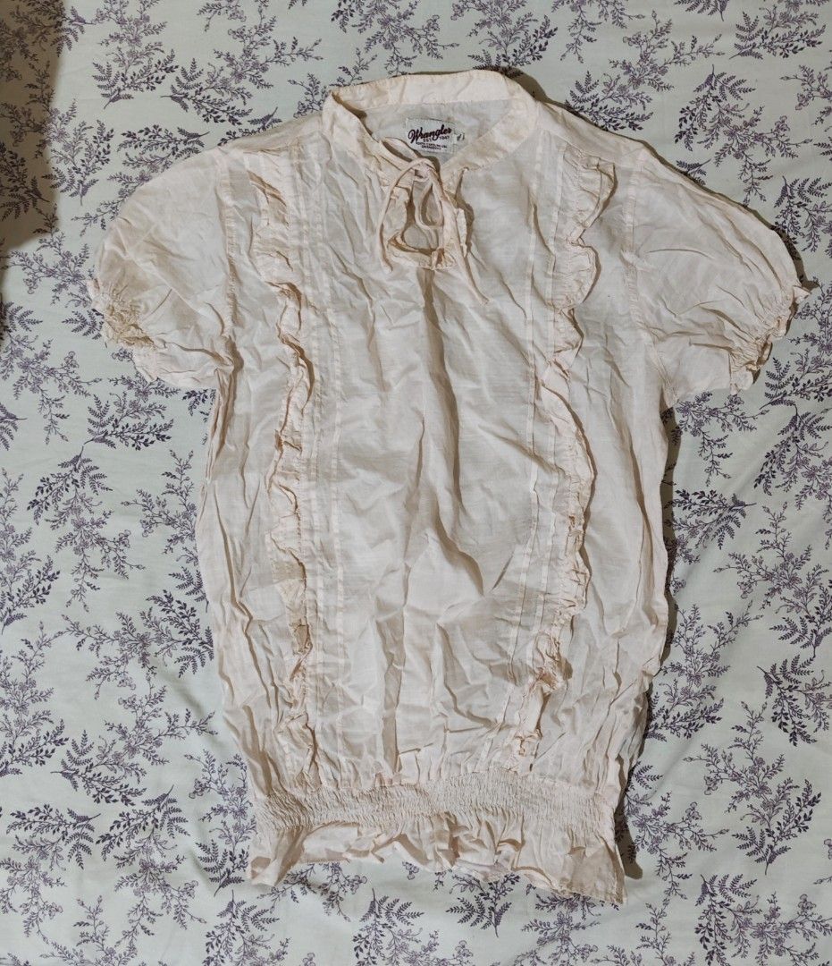 Wrangler light pink delicate ruffled trim panels blouse (Category: Blouses) located in Bulacan. Submitted by angel.decluttersx (Listing ID 1462092764, Image 1). Description: large size cotton fabric material no issue.