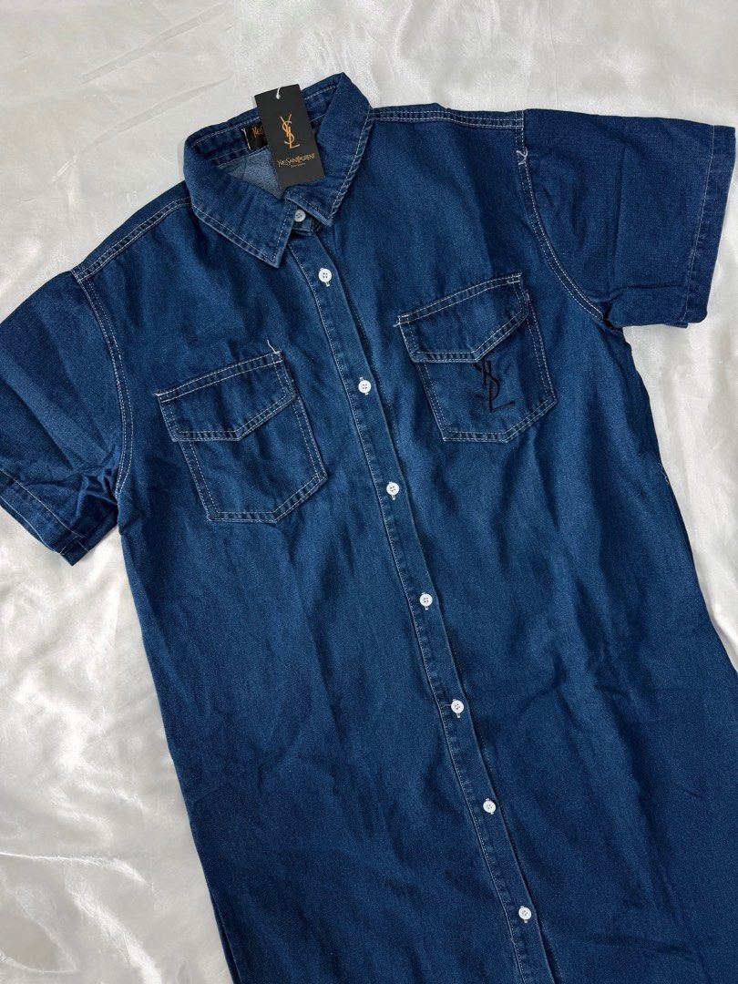 YSL button down collared denim dress (Category: Dresses) located in Bulacan. Submitted by byppishh__ (Listing ID 1462084465, Image 2). Description: Size: fits XL Width: 38” Length: 44” Sleeve: 8.5” Brand new w/ tag HQ A material.