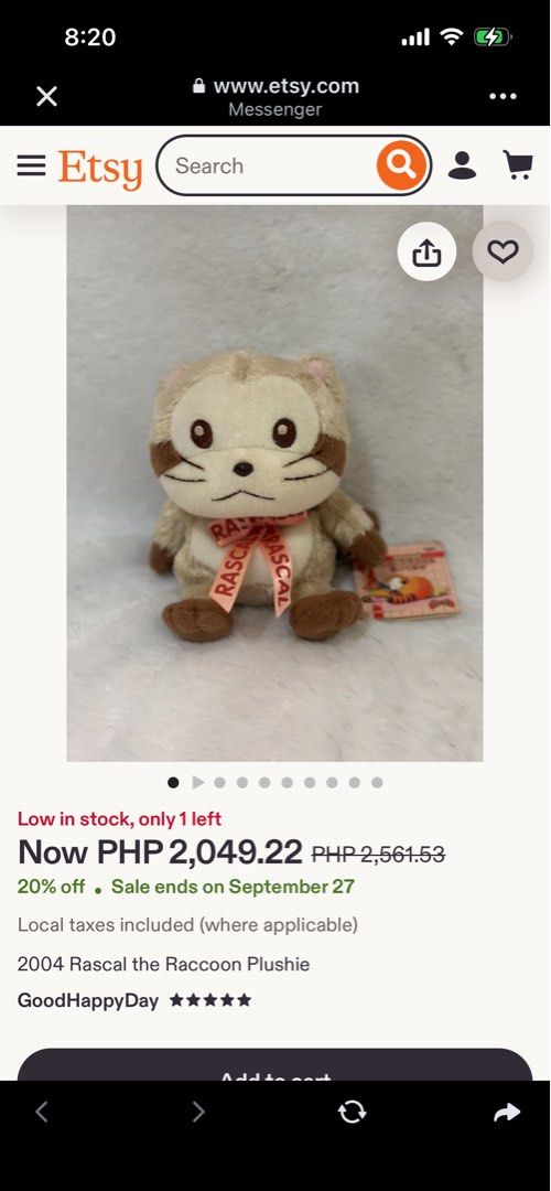 2004 rascal the raccoon plushie (Category: Plushies & Soft Toys) located in Paranaque City. Submitted by bonsaiart (Listing ID 1462263424, Image 3). Description: Pre owned Good condition 1000( fixed) +sf Payment via GCASH or paymaya No to meetup No to cop / cod Shipping via j&t only.