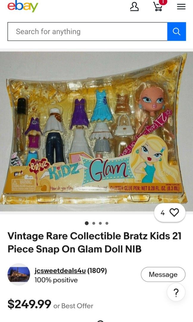 2008 Bratz Kidz Glam Cloe doll set (Category: Kids Toys) located in Pasig City. Submitted by dolliesandpastels (Listing ID 1457483211, Image 3). Description: Selling a highly collectible, factory-sealed Bratz Kidz Glam Cloe doll set released by MGA Entertainment back in 2008. This is the rare "Glam" variant pack featuring the larger assortment of mix-and-match pieces. Perfect for vintage doll collectors and Bratz enthusiasts Condition: Brand New 