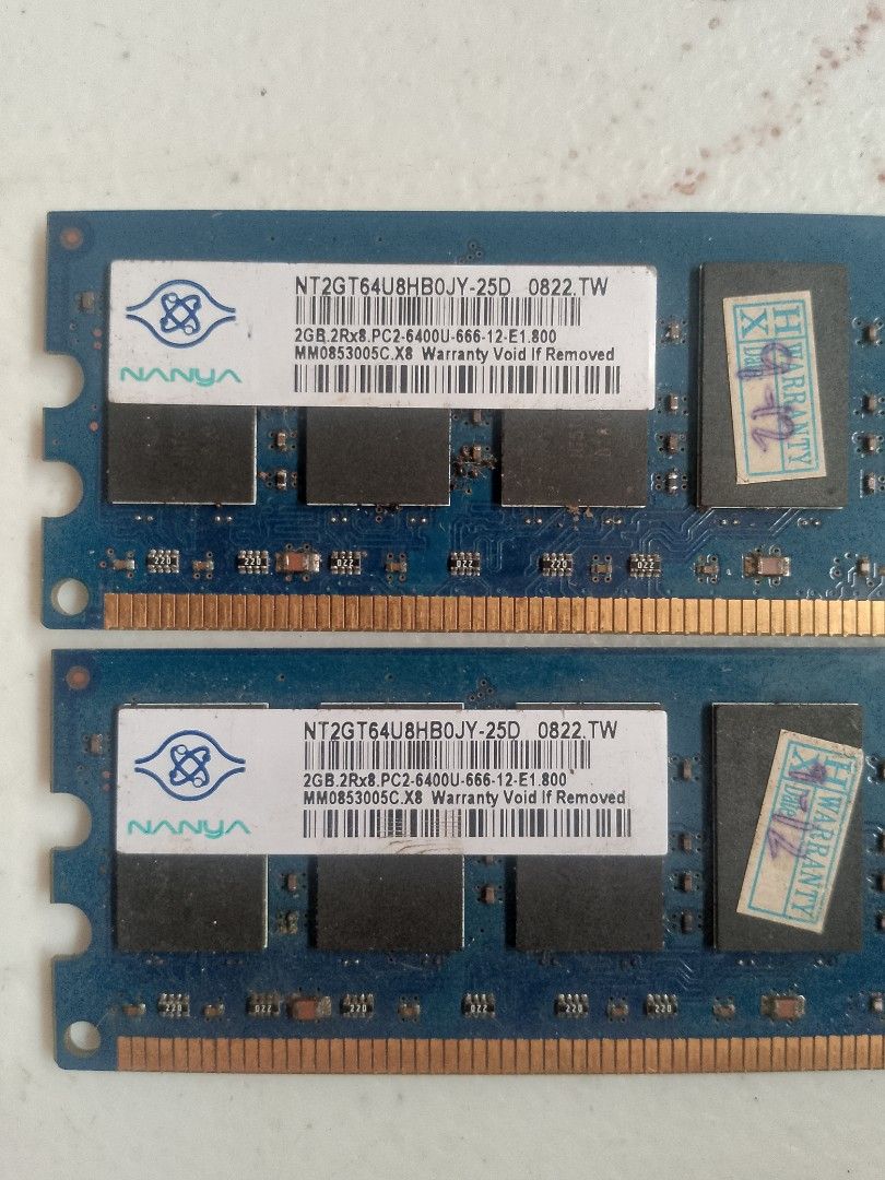 2x Nanya 2GB DDR2 PC2-6400U RAM Modules (Category: Desktops) located in Caloocan City. Submitted by samyx23 (Listing ID 1462354875, Image 1). Description: - 2 x 2GB DDR2 RAM Modules - Speed: PC2-6400U (800MHz) - Model: Nanya NT2GT64U8HBOJY-25D - Condition: Tested and working - Ideal for upgrading older computer systems - Price is for the pair (both sticks).