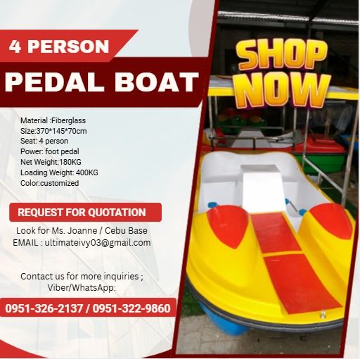 4 Person Pedal Boat KP-P405 (Category: Home Improvement Tools & Accessories) located in Caloocan City. Submitted by vedadacian34812 (Listing ID 1462340921, Image 1). Description: Material :Fiberglass Size:370*145*70cm Seat: 4 person Power: foot pedal Net Weight:180KG Loading Weight: 400KG Color:customized Terms Of Payment 💰50% Down payment Upon Processing 💸 💰50% Upon pick up 💸 ✅ 100% LEGIT TRUSTED SUPPLIER! ✅ With Complete Legal Documents ✅ B