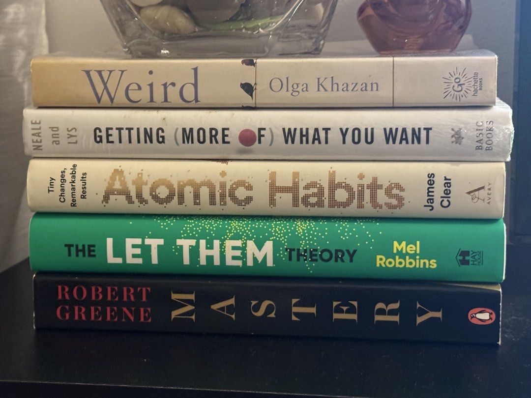 5 Self-Help & Personal Development Books (Category: Assessment Books) located in Taguig. Submitted by kittychum (Listing ID 1462290958, Image 1). Description: FOR SALE❗️❗️❗️ SELLING PER BOOK ALL BOOKS ARE ORIGINAL MOSTLY NEW BUT OPENED 1. Weird - softcover PHP1K 2. Getting More - new unopened hardcover PHP900 3. Atomic Habits - hardcover PHP1K 4. Let Them - hardcover PHP1,500 5. Mastery - softcover PHP800.