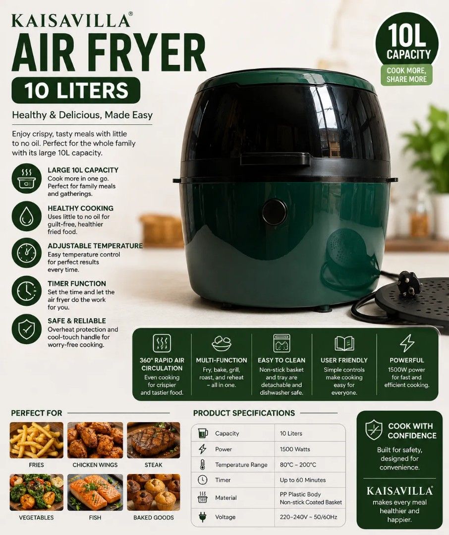 ✅ AIRFRYER -10L KAISA 3800php (green) (Category: Fryers) located in Manila. Submitted by mightycloud_1992 (Listing ID 1462273757, Image 1). Description: .
