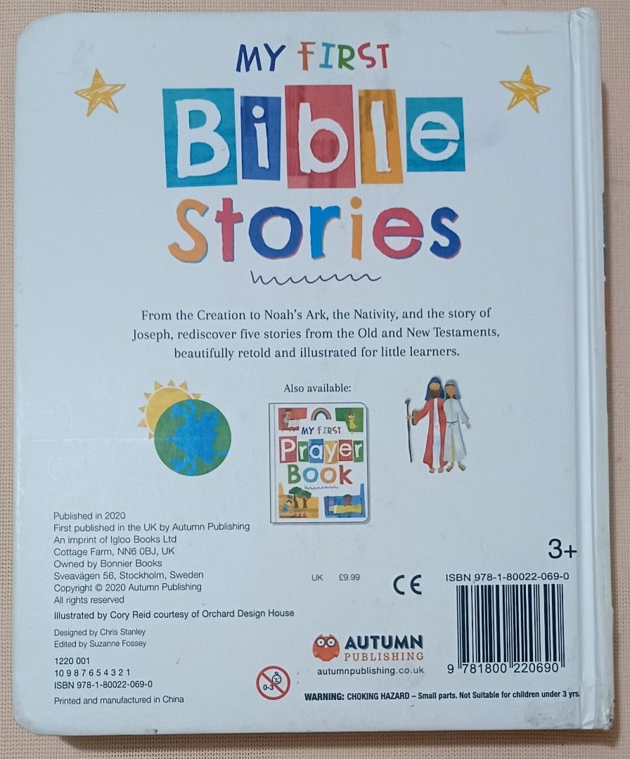 📖 MY FIRST BIBLE STORIES — Board Book (Category: Children's Books) located in Quezon City. Submitted by wjmae (Listing ID 1462373132, Image 2). Description: Autumn Publishing • UK Edition ✨ Perfect First Bible Book for Little Ones! ✨ Gentle, beautifully illustrated retelling of 5 beloved stories from the Old & New Testaments: - Creation 🌍 ​ - Noah’s Ark 🐾 ​ - Joseph ​ - The Nativity ✨ ​ - plus more! Designed especially for ages 3+ — simple tex
