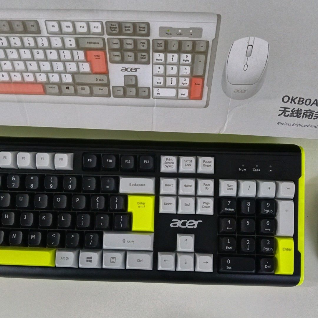 Acer OKBOAO PLUS Wireless Keyboard and Mouse Combo (Category: Computer Keyboard) located in Caloocan City. Submitted by coolgem_3f10a0 (Listing ID 1462402160, Image 2). Description: - Acer OKBOAO PLUS Wireless Keyboard and Mouse Combo - Color: Black with striking yellow accents - Includes matching black wireless mouse - Ideal for both office and home use - Both keyboard and mouse are wireless for a clutter-free setup - Original box included.