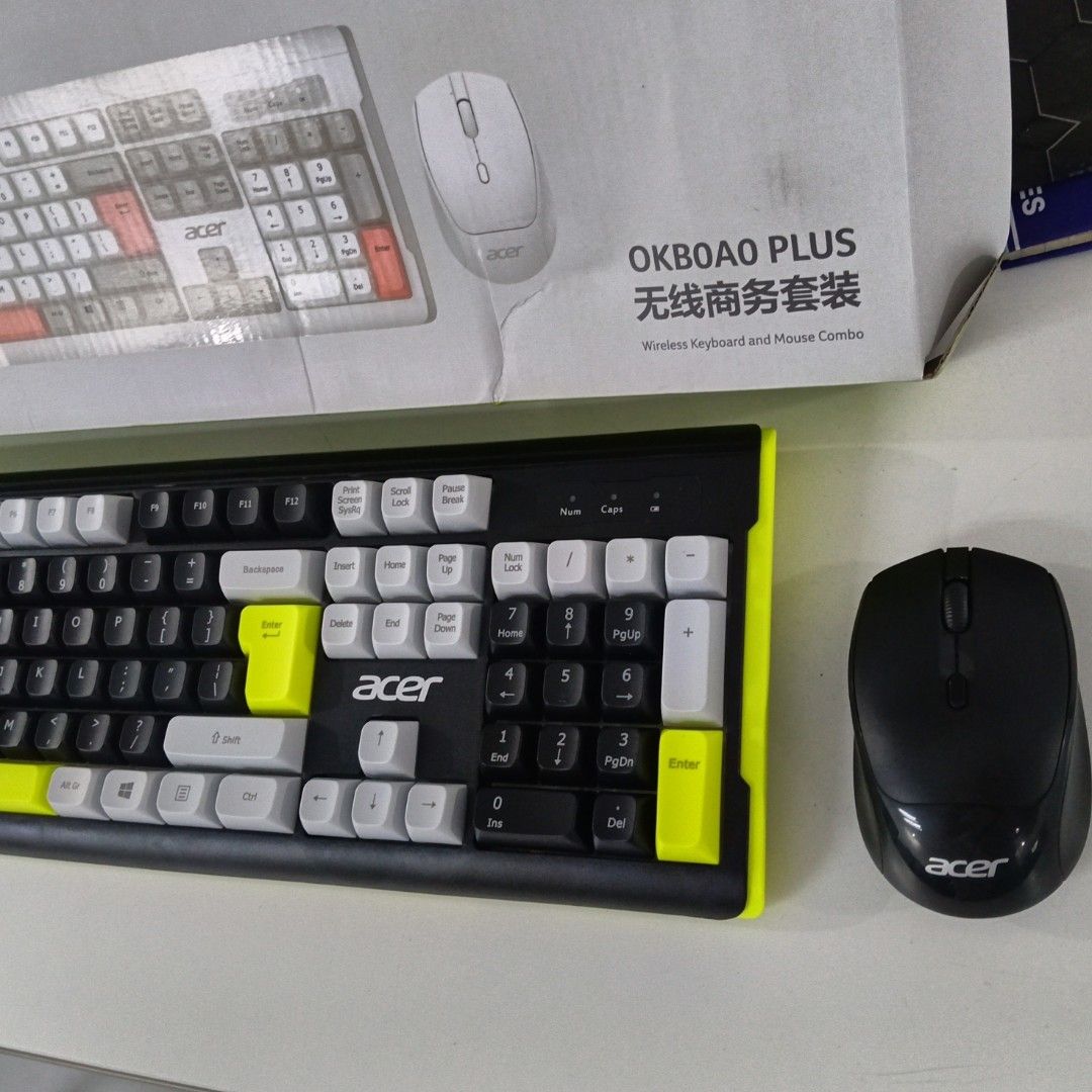 Acer OKBOAO PLUS Wireless Keyboard and Mouse Combo (Category: Computer Keyboard) located in Caloocan City. Submitted by coolgem_3f10a0 (Listing ID 1462402160, Image 1). Description: - Acer OKBOAO PLUS Wireless Keyboard and Mouse Combo - Color: Black with striking yellow accents - Includes matching black wireless mouse - Ideal for both office and home use - Both keyboard and mouse are wireless for a clutter-free setup - Original box included.