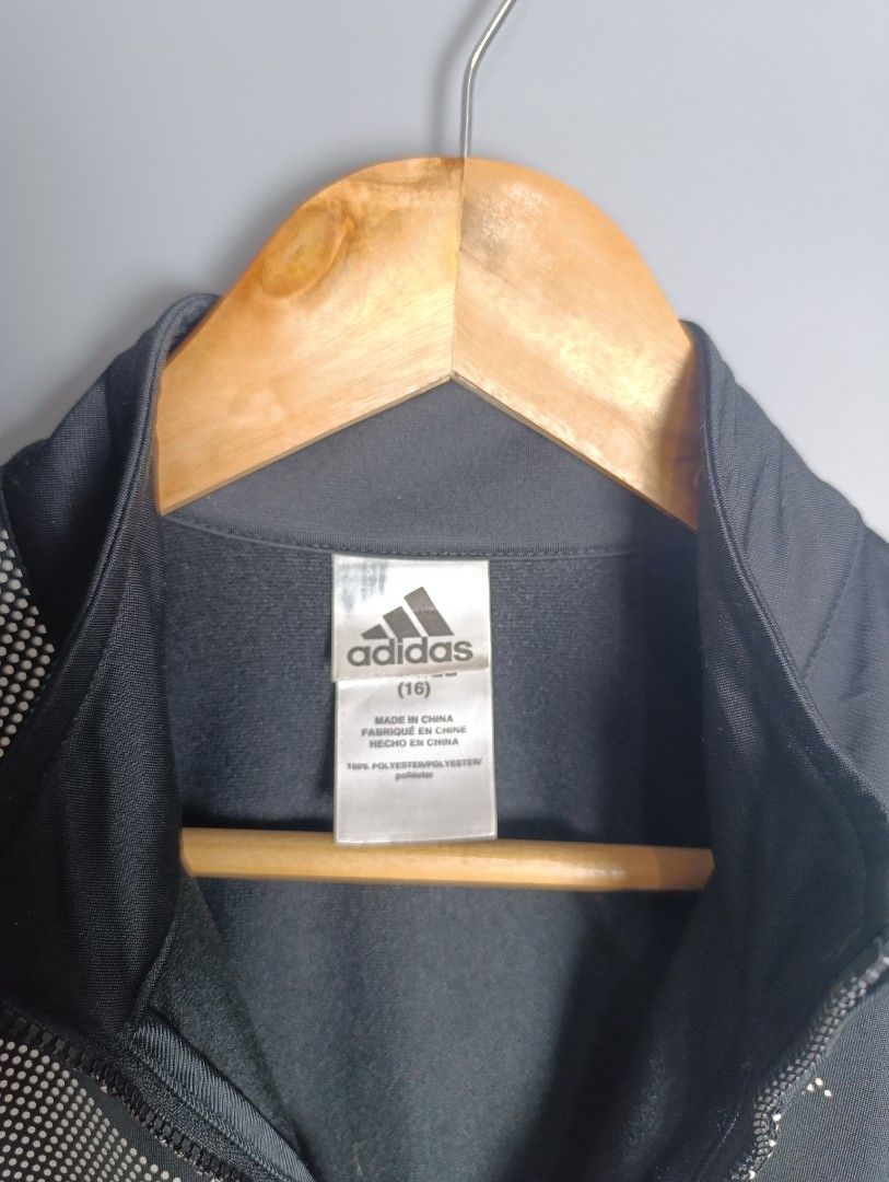 Adidas Black Track Jacket with Large Logo (Category: Coats, Jackets and Outerwear) located in Magalang. Submitted by acethriftonlineshop (Listing ID 1462431517, Image 3). Description: Adidas Tricot Full-Zip Track Jacket Dimension: 18 x 23 Size: S-M Price: 589.