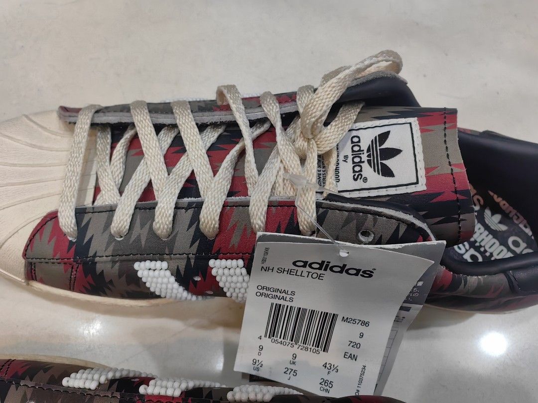 Adidas x Neighborhood NH Shelltoe Superstar (Category: Sneakers) located in Quezon City. Submitted by flat.earther23 (Listing ID 1462292943, Image 2). Description: - Adidas Superstar x Neighborhood collaboration - Classic shelltoe design - Unique patterned upper - Beaded Adidas stripes for a special touch - Includes original tags - Size: 9 US Men's.