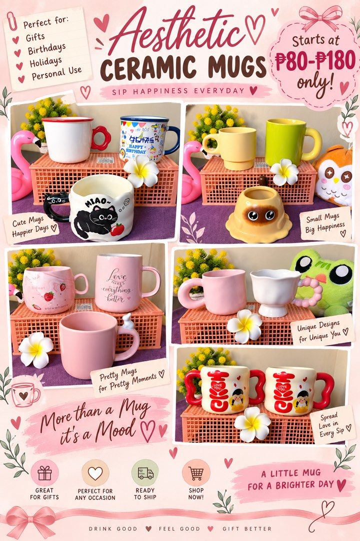 Aesthetic Ceramic Mugs - Sip Happiness Everyday! (Category: Coffee & Tea Tableware) located in Manila. Submitted by zamarah08 (Listing ID 1462272636, Image 1). Description: - Cute and aesthetic ceramic mugs - Perfect for gifts, birthdays, or personal use - Available in various designs and colors - Makes a great present for any occasion - Spread love in every sip!.