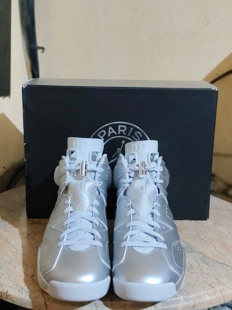 Air Jordan 6 Retro PSG Metallic Silver (Category: Sneakers) located in Manila. Submitted by silverfish-b79e (Listing ID 1462266396, Image 3). Description: - Air Jordan 6 Retro PSG - Metallic Silver colorway - Includes original box - Features Paris Saint-Germain branding - Lace locks with Jumpman logo - Ideal for sneaker collectors.