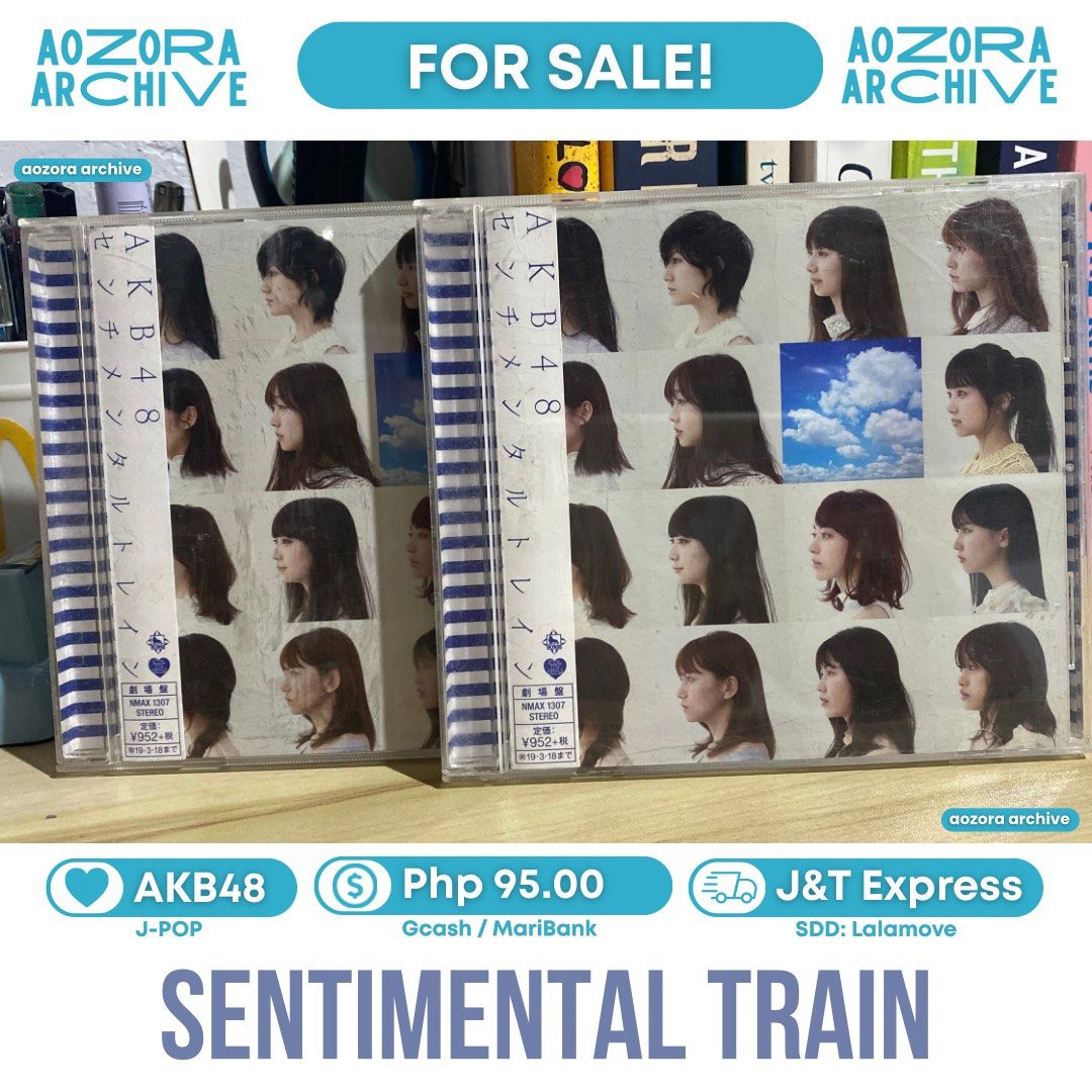 [AKB48] Sentimental Train (Theater CD) (Category: CDs & DVDs) located in Cavite. Submitted by aozora.archive (Listing ID 1462231682, Image 1). Description: ── .✦ AKB48 'Sentimental Train' CD ⤷ ゛Price: P95.00 +lsf ˎˊ˗ 🗒️: With Obi | Available Copy: 1 — ⤷ ゛[🚛] Mode of Delivery ˎˊ˗ ⤷ ゛J&T Express / Lalamove ˎˊ˗ ⤷ ゛[💸] Mode of Delivery ˎˊ˗ ⤷ ゛GCash / MariBankˎˊ˗ ⋮ ⌗ ┆Ships every Saturday/Sunday — Don’t hesitate to message us for more details! You 