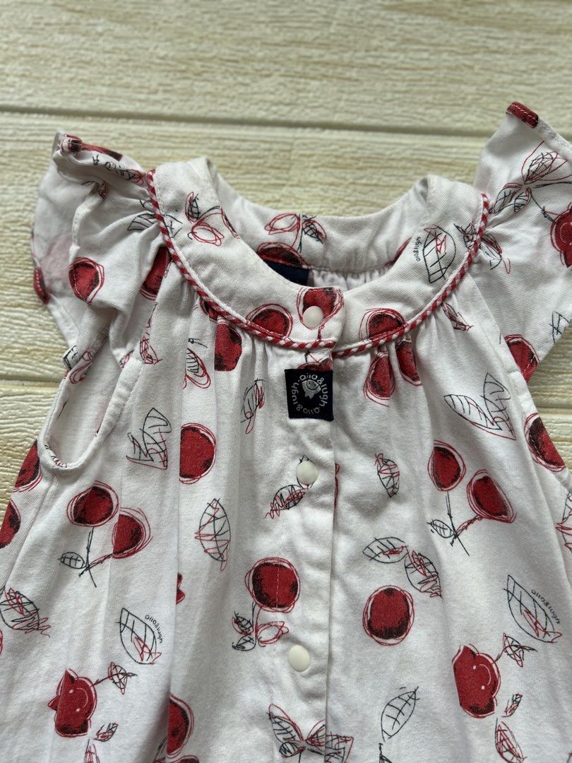 Allo & Lugh romper (Category: Babies & Kids Fashion) located in Cebu City. Submitted by yjainani (Listing ID 1462351785, Image 2). Description: cute white baby romper featuring an all-over red cherry print and delicate ruffled cap sleeves.