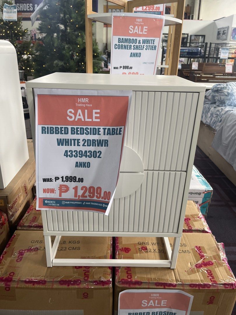 Anko Ribbed Bedside Table White 2 Drawer (Category: Tables & Sets) located in Caloocan City. Submitted by hmr.gomez (Listing ID 1462308510, Image 1). Description: - Anko white ribbed bedside table - Features two drawers for storage - Ideal for organizing bedroom essentials - Original Price: P1,999.00 - Sale Price: P1,299.00 - Pick up location: North Caloocan.