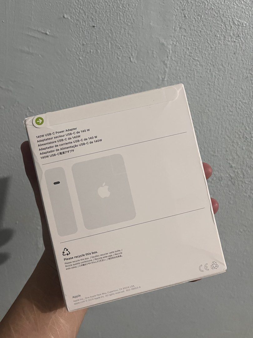 Apple 140W USB-C Power Adapter (Category: Chargers & Cables) located in Marikina City. Submitted by whtthhelle (Listing ID 1462332243, Image 2). Description: - Apple 140W USB-C Power Adapter -Brandnew and Sealed - Designed by Apple in California - Compatible with USB-C devices - Recommended for 16-inch MacBook Pro with MagSafe 3 port - Quickly charges your MacBook Pro - Includes the power adapter.