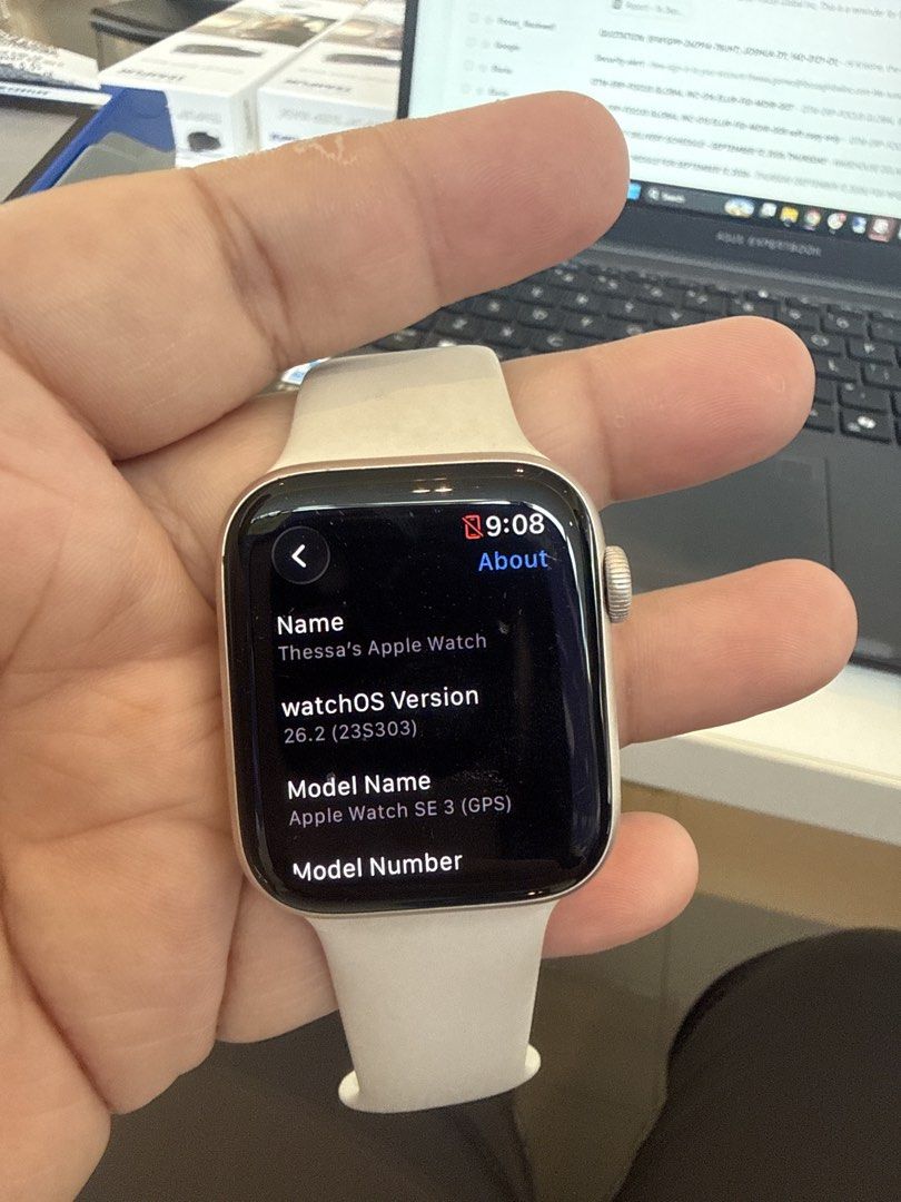 Apple Watch SE 3 (GPS) - Starlight (Category: Wearables & Smart Watches) located in Manila. Submitted by thessagomez5596 (Listing ID 1462267535, Image 3). Description: - Apple Watch SE (3rd Generation) - GPS Model - Color: Starlight - Band: Light Beige (original band) - WatchOS Version: 26.2 - Passcode screen is currently on - Ideal for everyday use - No box natapon na ksi; Unit and charger only -Got this nitong Jan 2026 lang po -Warranty until J