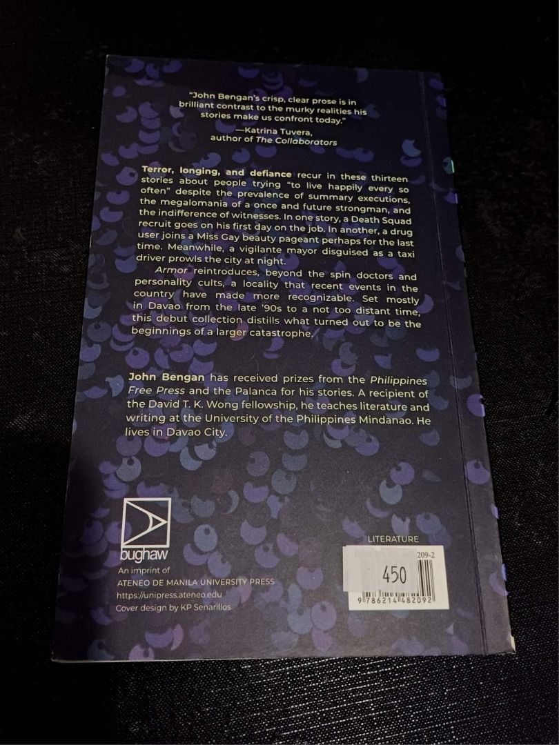 Armor by John Bengan - Short Stories (Category: Storybooks) located in Cavite. Submitted by sisturstidytreasures (Listing ID 1462418303, Image 2). Description: - "Short Stories Collection" by John Bengan - Published by Ateneo de Manila University Press (Bughaw imprint) - Features 13 tales of terror, longing, and defiance - Explores themes of survival, queer identity, and the Philippines - Ideal for fans of literary fiction - Bought from EVERYTHIN